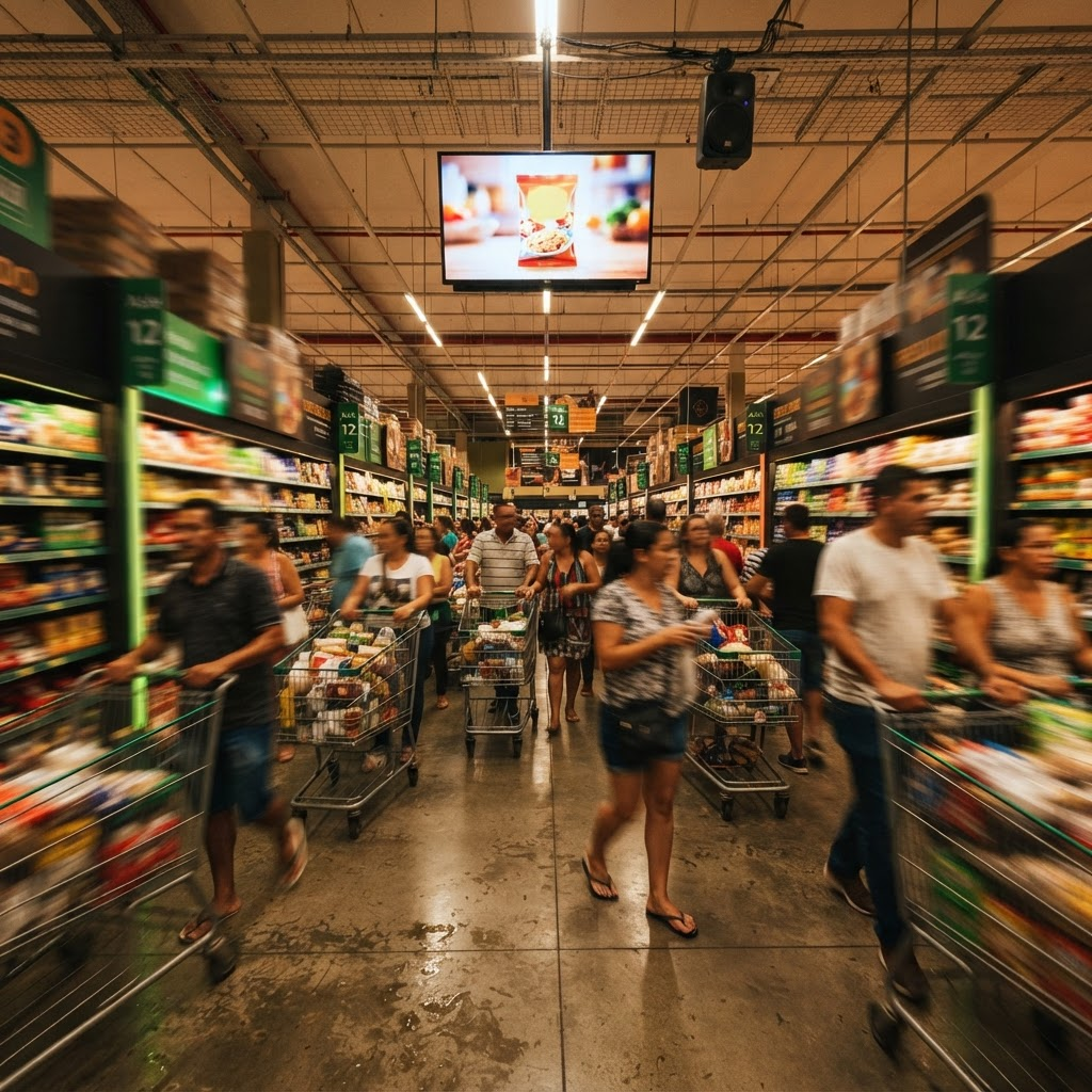 Corredor de supermercado com tela de TV Indoor exibindo publicidade
